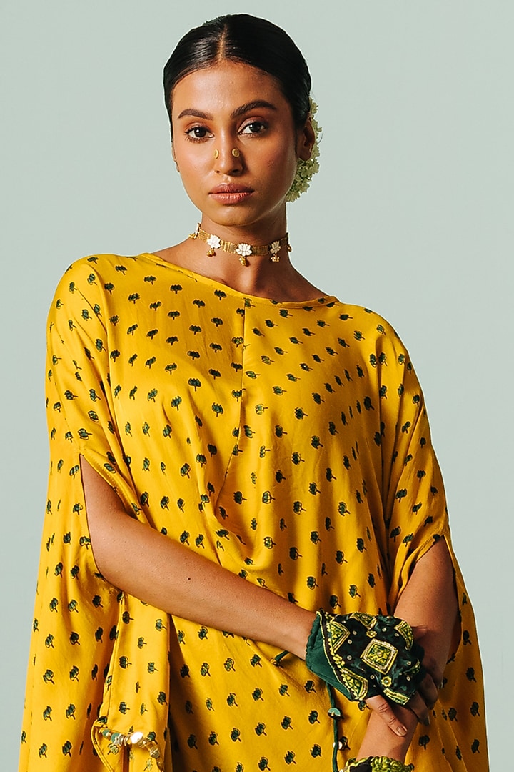 Yellow Satin Asymmetric Kaftan Set by Prahnaaya at Pernia's Pop Up Shop