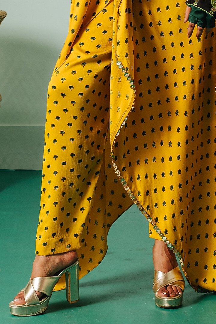 Yellow Satin Asymmetric Kaftan Set by Prahnaaya at Pernia's Pop Up Shop