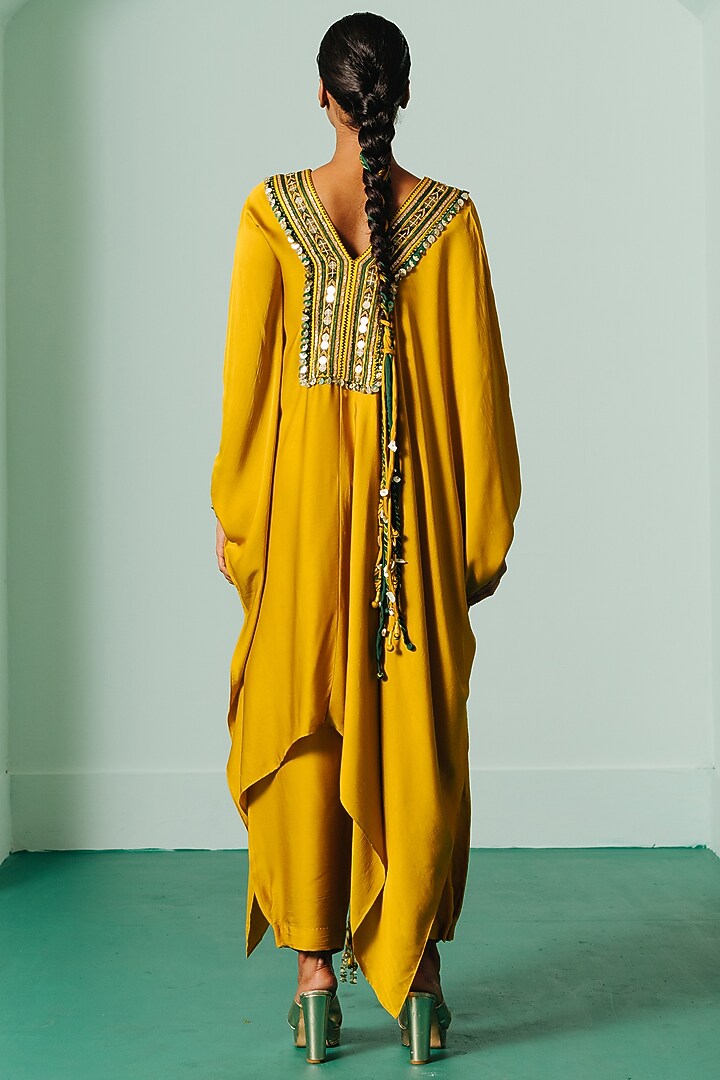 Mustard Satin Hand Embroidered Kaftan Set by Prahnaaya at Pernia's Pop Up Shop