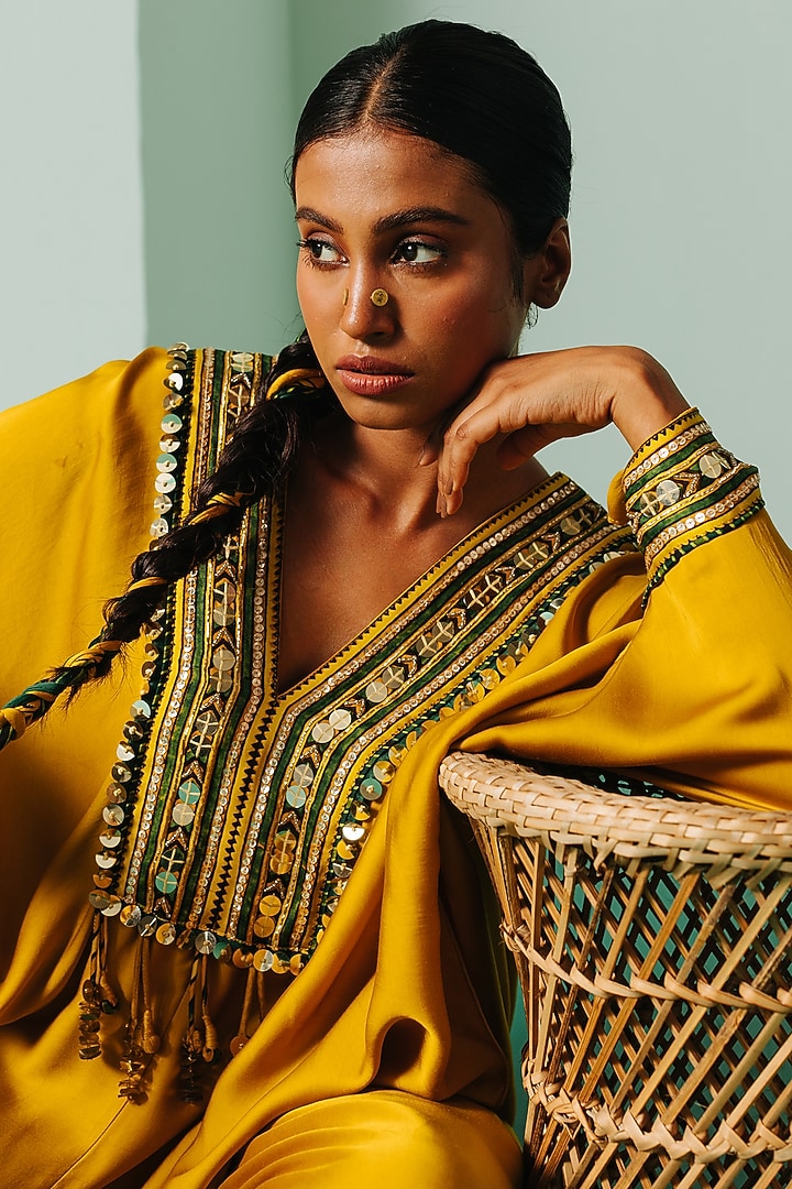 Mustard Satin Hand Embroidered Kaftan Set by Prahnaaya at Pernia's Pop Up Shop