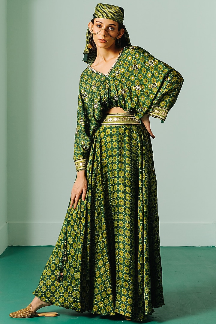 Green Satin Printed Skirt Set by Prahnaaya