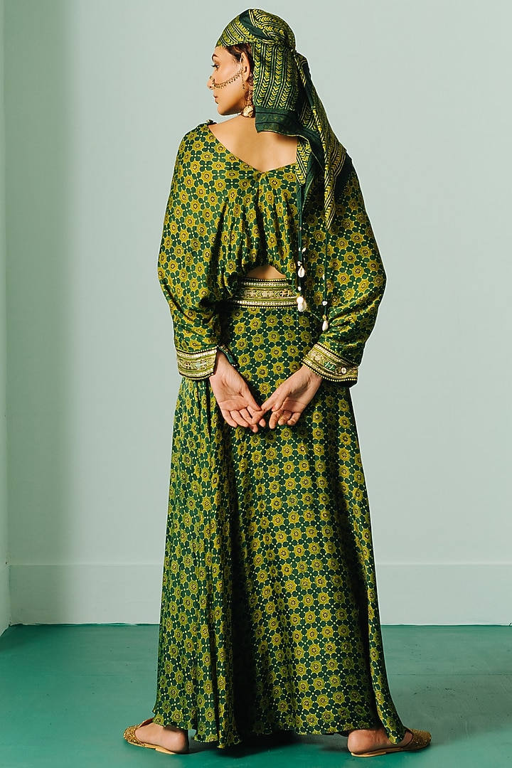 Green Satin Printed Skirt Set by Prahnaaya at Pernia's Pop Up Shop