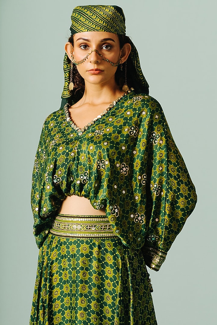 Green Satin Printed Skirt Set by Prahnaaya at Pernia's Pop Up Shop