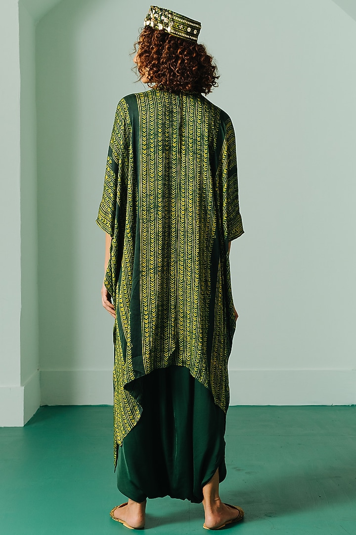 Green Satin Embroidered Asymmetric Kaftan Set by Prahnaaya at Pernia's Pop Up Shop