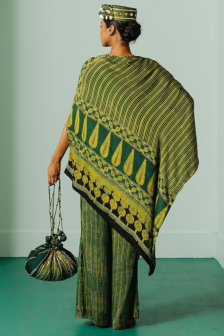 Green Satin Printed & Embroidered Kaftan Set by Prahnaaya at Pernia's Pop Up Shop