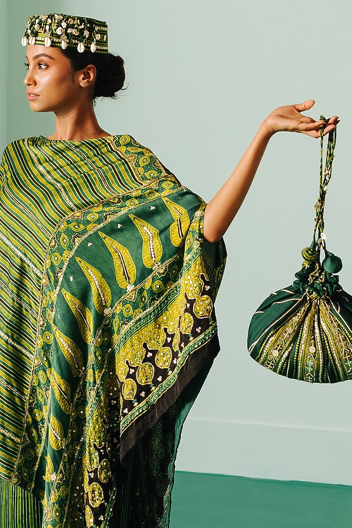 Green Satin Printed & Embroidered Kaftan Set by Prahnaaya at Pernia's Pop Up Shop