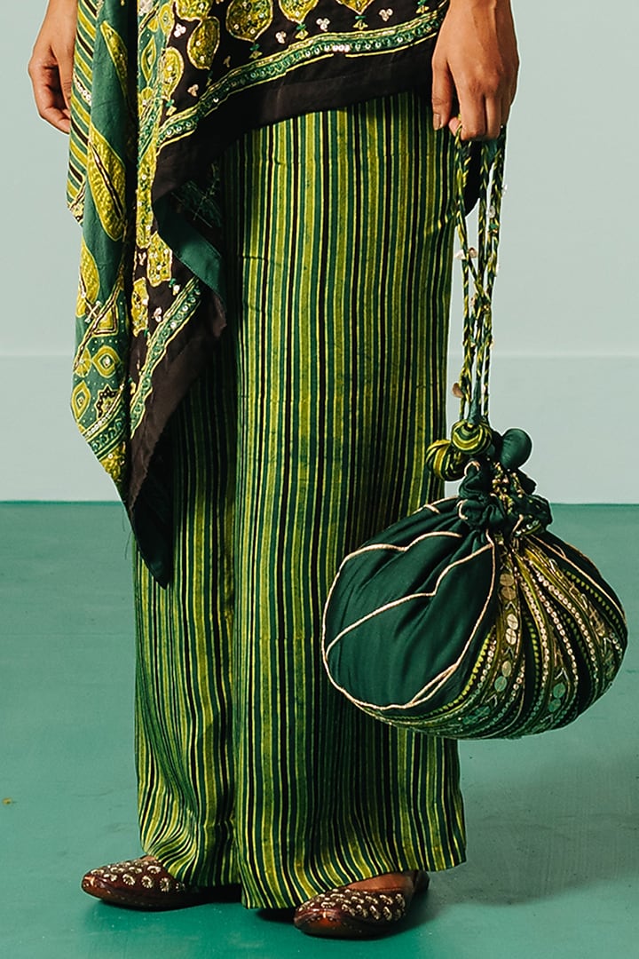 Green Satin Printed & Embroidered Kaftan Set by Prahnaaya at Pernia's Pop Up Shop