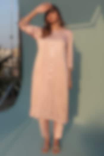 Pastel Pink Satin Vegan Mirror & Sequins Embroidered Kurta Set by Prahnaaya at Pernia's Pop Up Shop