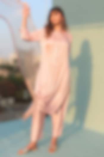 Pastel Pink Satin Vegan Mirror & Sequins Embroidered Kurta Set by Prahnaaya at Pernia's Pop Up Shop