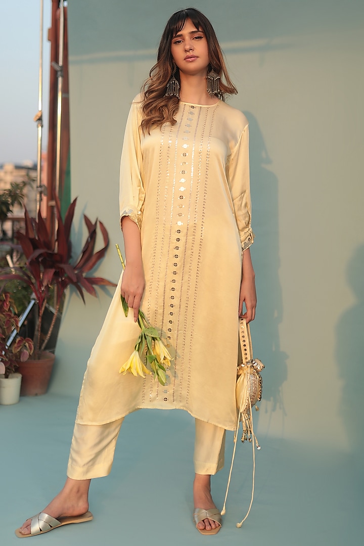 Pastel Yellow Satin Vegan Mirror & Sequins Embroidered Kurta Set by Prahnaaya at Pernia's Pop Up Shop
