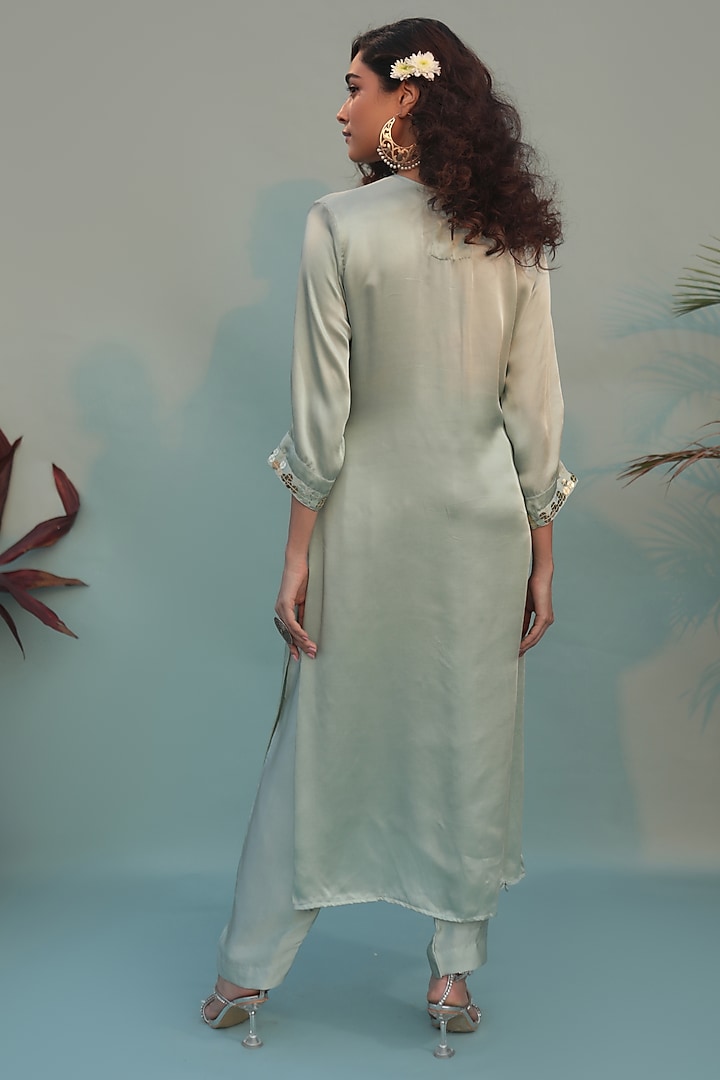 Pastel Green Satin Vegan Mirror & Sequins Embroidered Kurta Set by Prahnaaya at Pernia's Pop Up Shop