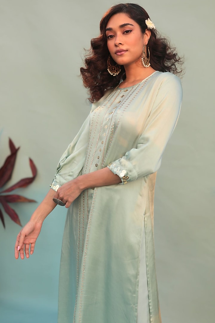 Pastel Green Satin Vegan Mirror & Sequins Embroidered Kurta Set by Prahnaaya at Pernia's Pop Up Shop