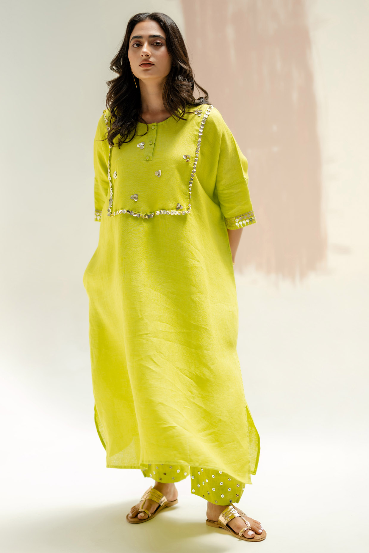 Sublime Neon Pure Linen Hand Embroidered Kaftan Set by Prahnaaya at Pernia's Pop Up Shop