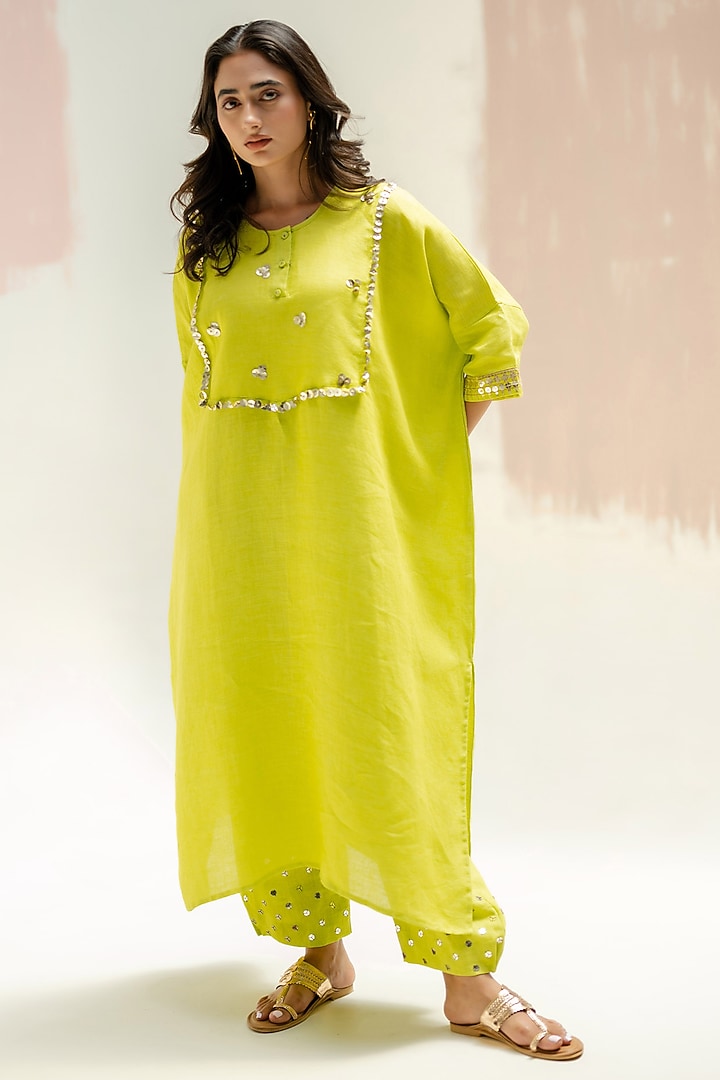 Sublime Neon Pure Linen Hand Embroidered Kaftan Set by Prahnaaya at Pernia's Pop Up Shop