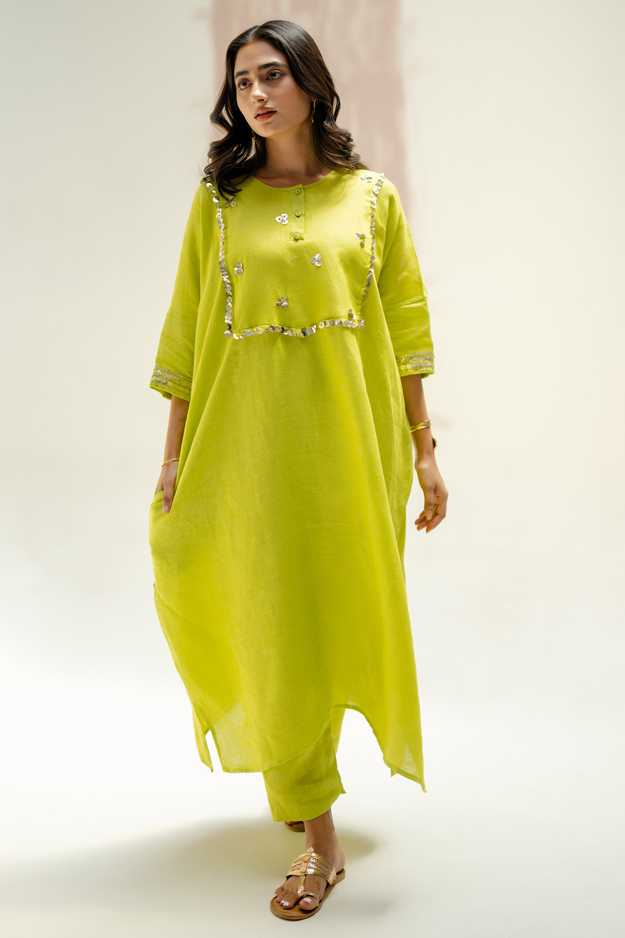 Sublime Neon Pure Linen Hand Embroidered Kaftan Set by Prahnaaya at Pernia's Pop Up Shop
