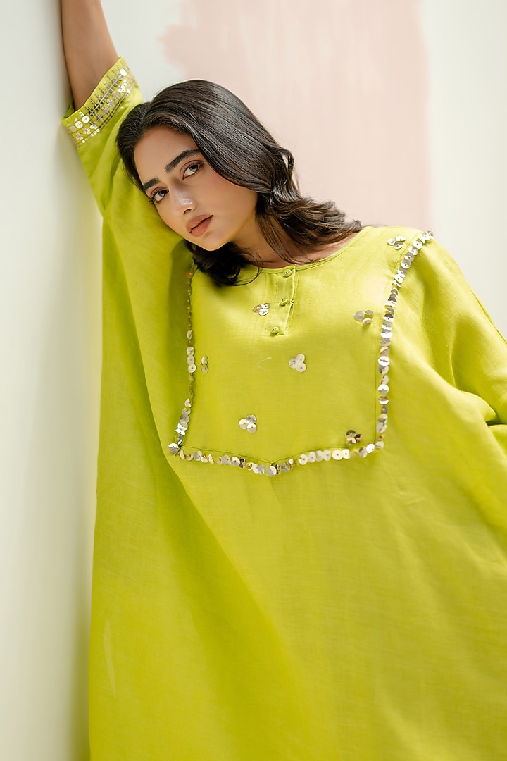 Sublime Neon Pure Linen Hand Embroidered Kaftan Set by Prahnaaya at Pernia's Pop Up Shop