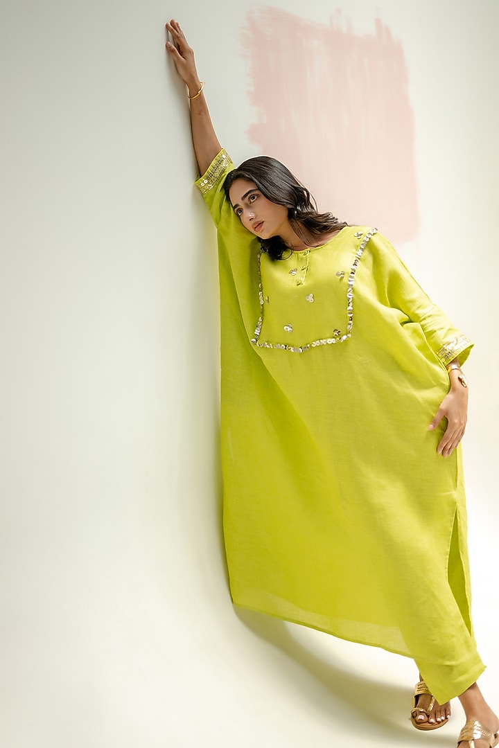 Sublime Neon Pure Linen Hand Embroidered Kaftan Set by Prahnaaya at Pernia's Pop Up Shop