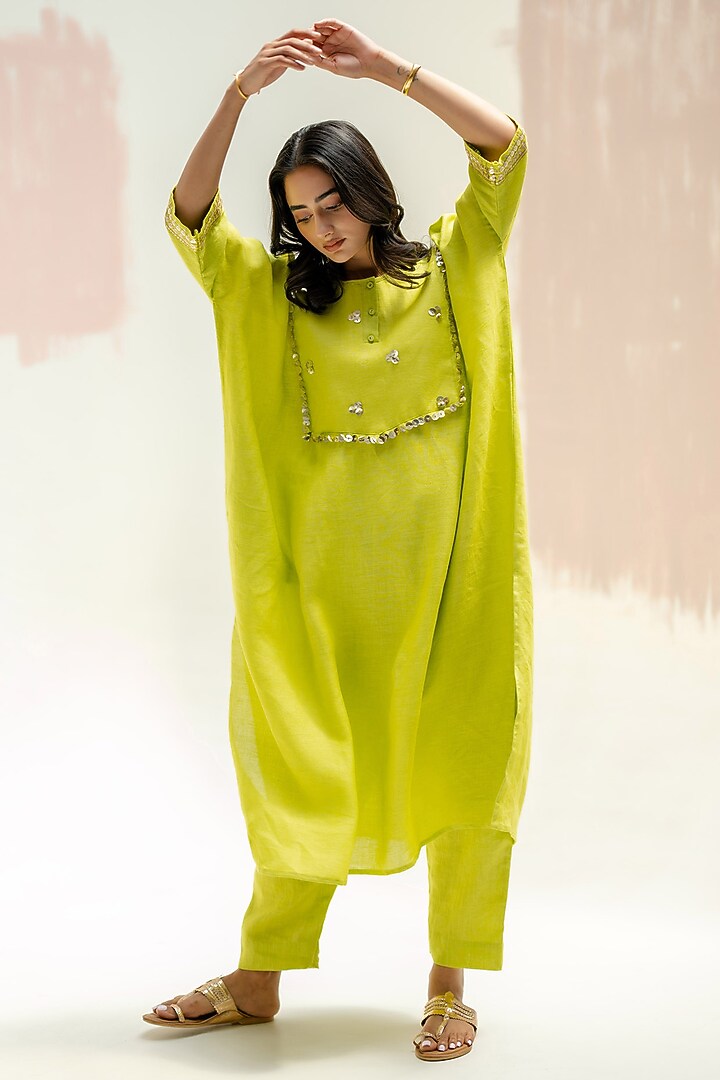 Sublime Neon Pure Linen Hand Embroidered Kaftan Set by Prahnaaya at Pernia's Pop Up Shop