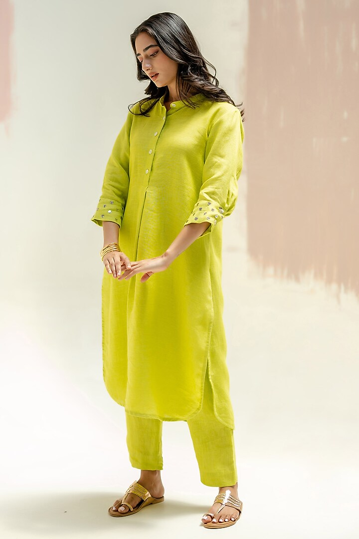 Sublime Neon Pure Linen Thread Work Kurta Set by Prahnaaya at Pernia's Pop Up Shop