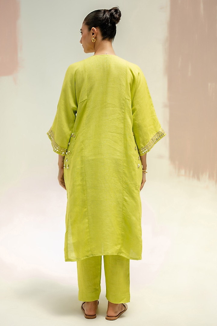Sublime Neon Pure Linen Hand Embroidered Kurta Set by Prahnaaya at Pernia's Pop Up Shop