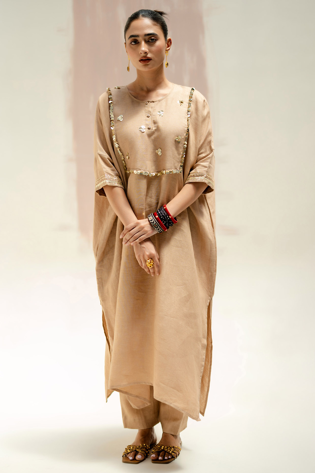 Camel Color Pure Linen Hand Embroidered Kaftan Set by Prahnaaya at Pernia's Pop Up Shop