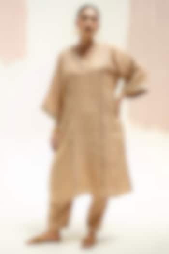 Camel Color Pure Linen Hand Embroidered Choga Kurta Set by Prahnaaya at Pernia's Pop Up Shop