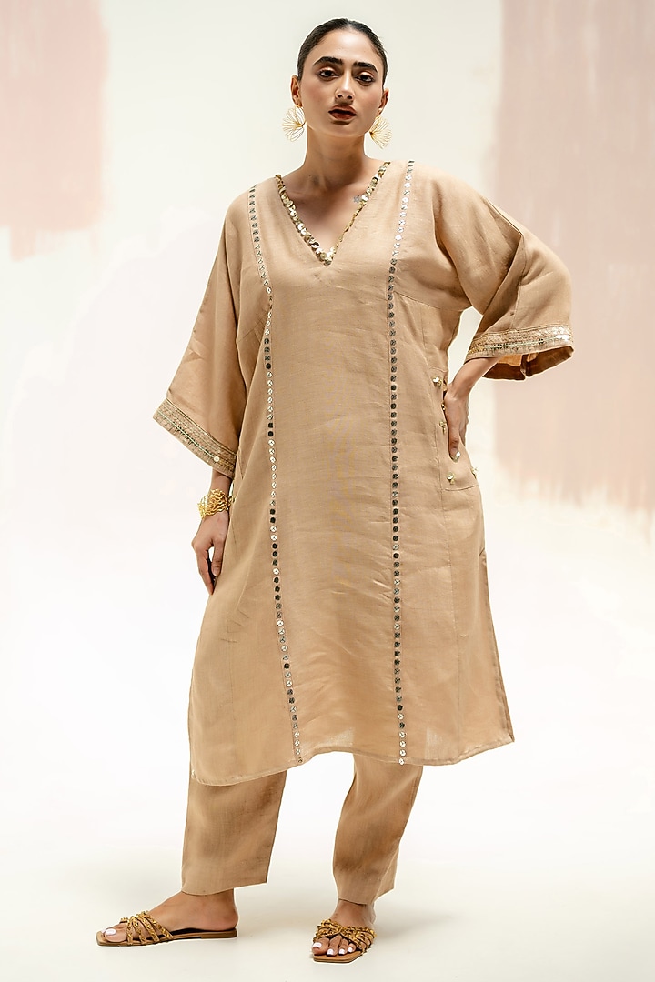 Camel Color Pure Linen Hand Embroidered Choga Kurta Set by Prahnaaya at Pernia's Pop Up Shop