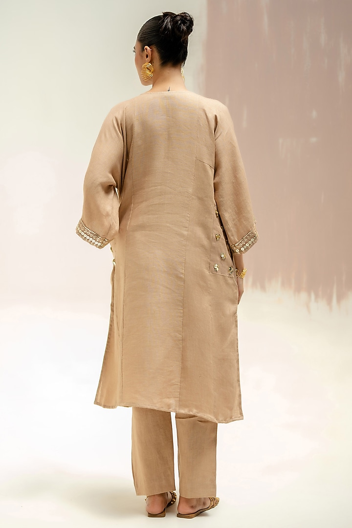 Camel Color Pure Linen Hand Embroidered Choga Kurta Set by Prahnaaya at Pernia's Pop Up Shop