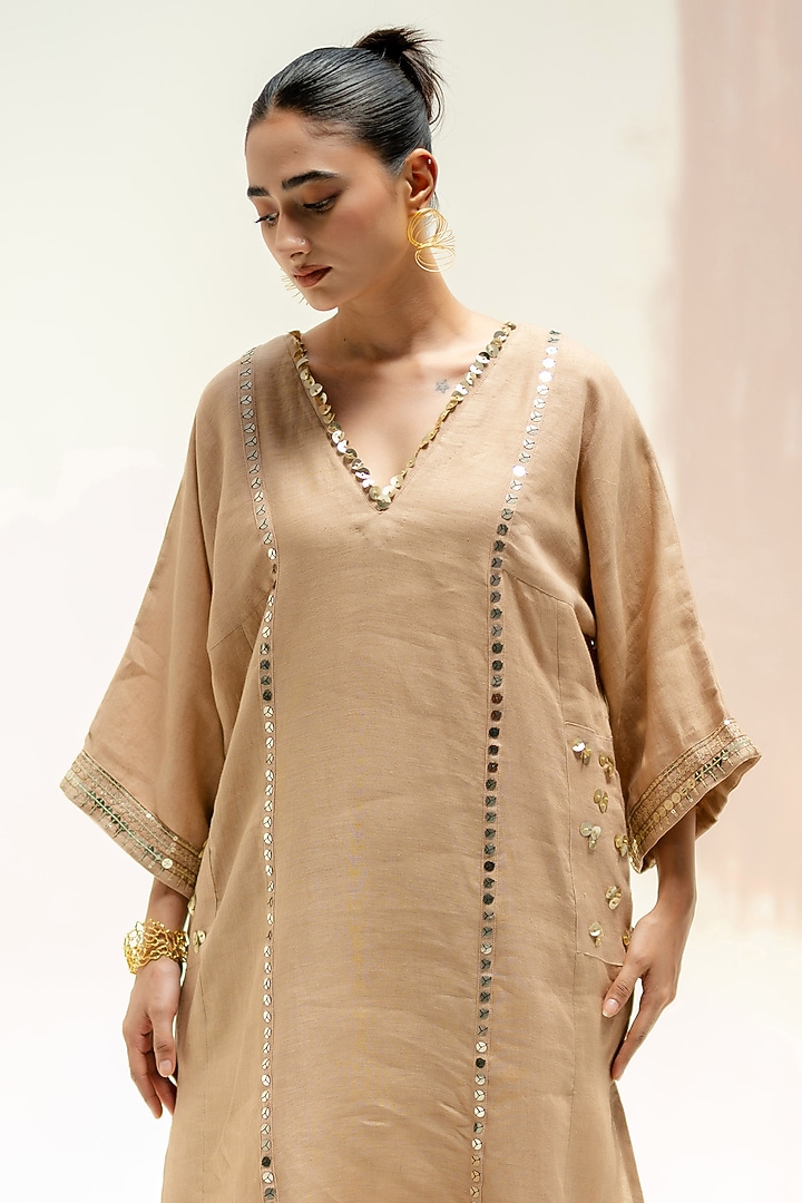 Camel Color Pure Linen Hand Embroidered Choga Kurta Set by Prahnaaya at Pernia's Pop Up Shop