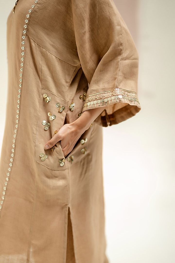 Camel Color Pure Linen Hand Embroidered Choga Kurta Set by Prahnaaya at Pernia's Pop Up Shop