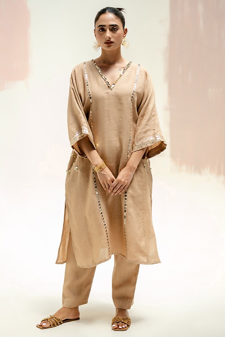 Camel Color Pure Linen Hand Embroidered Choga Kurta Set by Prahnaaya at Pernia's Pop Up Shop