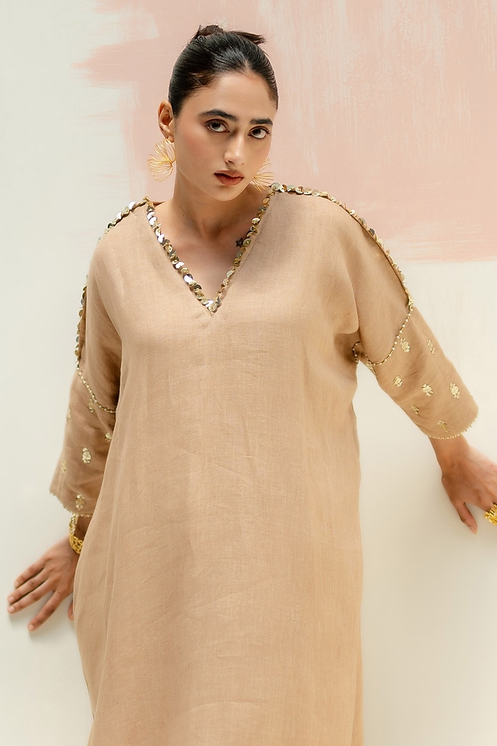 Camel Color Pure Linen Hand Embroidered Kurta Set by Prahnaaya at Pernia's Pop Up Shop