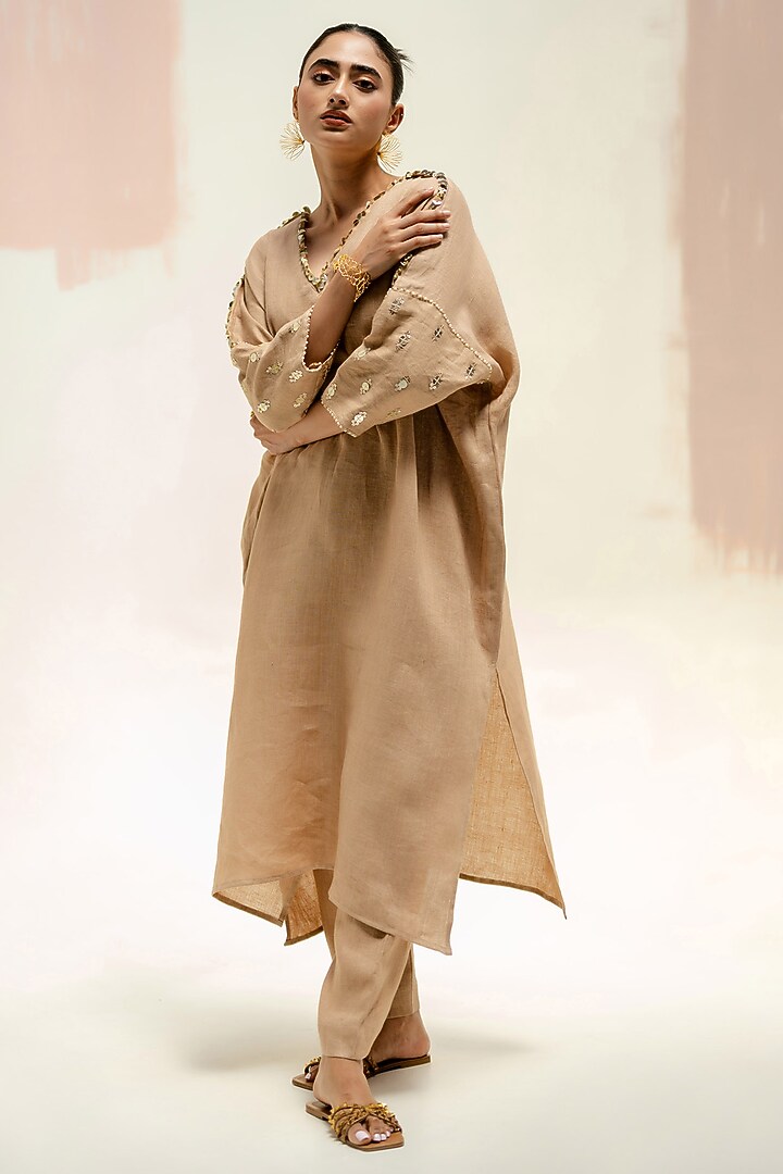 Camel Color Pure Linen Hand Embroidered Kurta Set by Prahnaaya at Pernia's Pop Up Shop