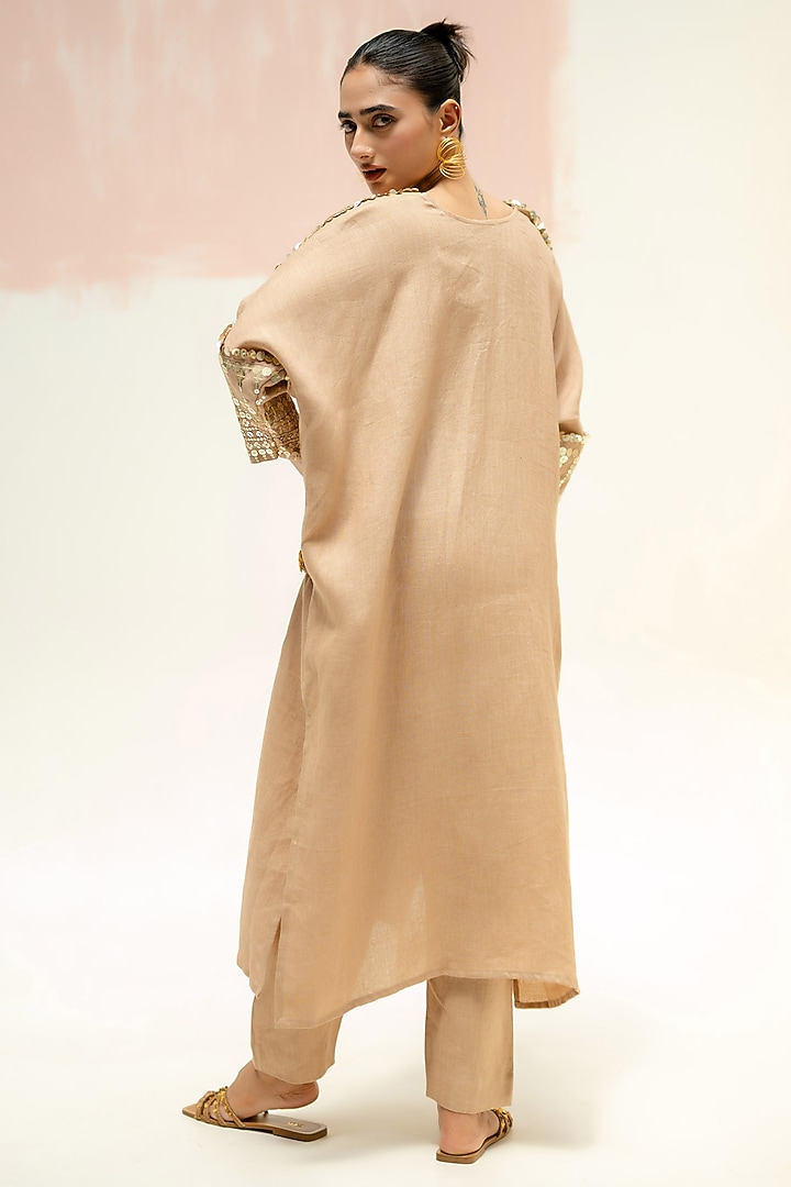 Camel Color Pure Linen Hand Embroidered Kurta Set by Prahnaaya at Pernia's Pop Up Shop
