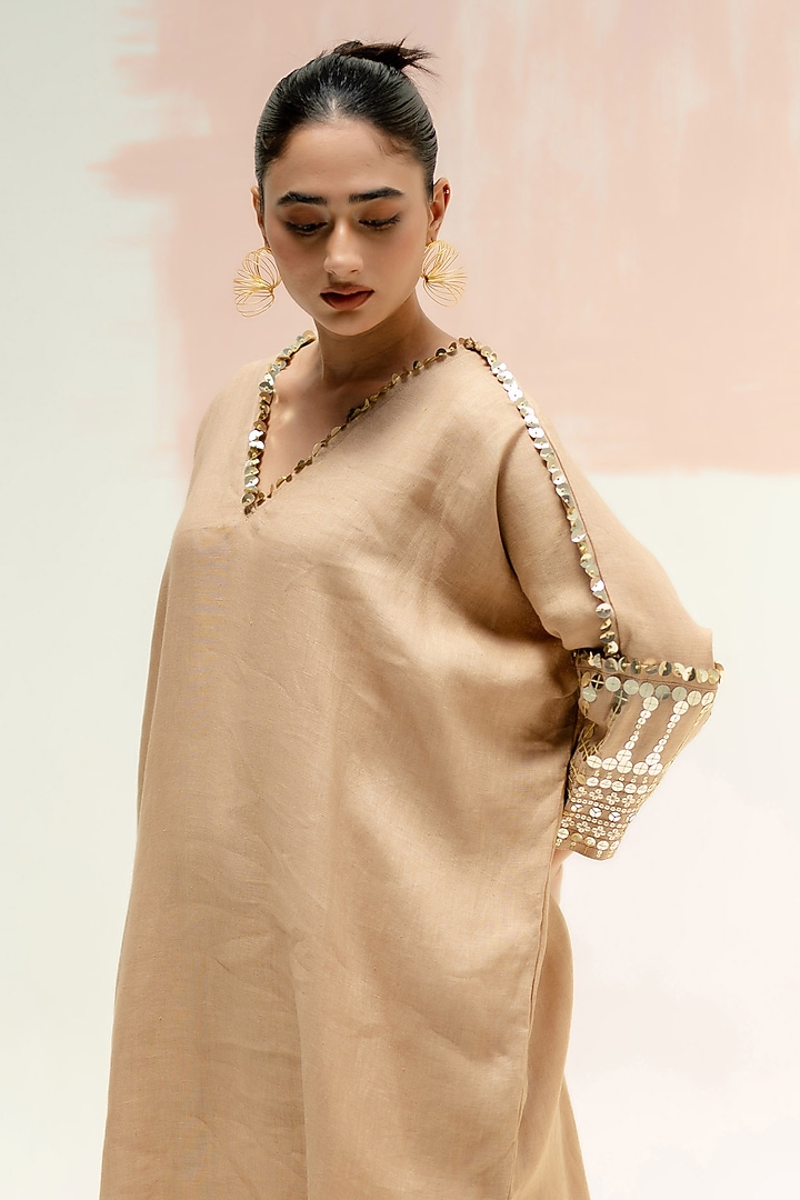 Camel Color Pure Linen Hand Embroidered Kurta Set by Prahnaaya at Pernia's Pop Up Shop