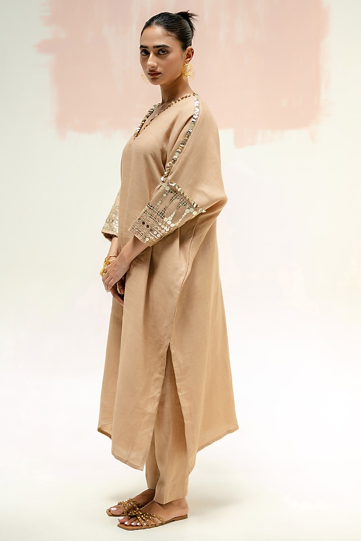 Camel Color Pure Linen Hand Embroidered Kurta Set by Prahnaaya at Pernia's Pop Up Shop