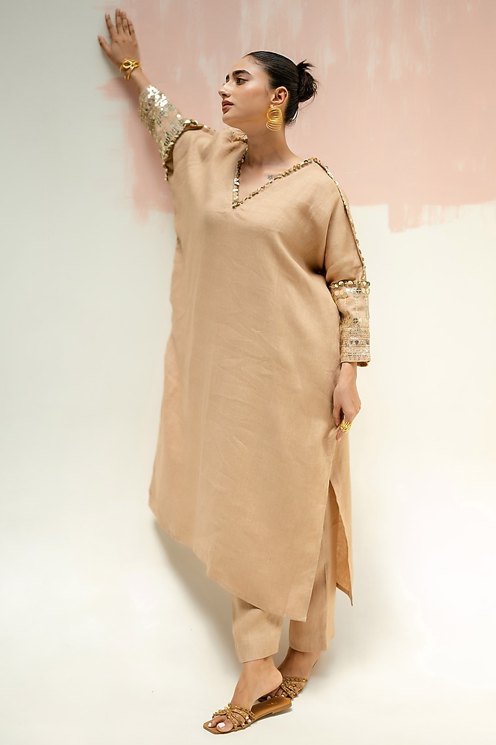 Camel Color Pure Linen Hand Embroidered Kurta Set by Prahnaaya at Pernia's Pop Up Shop
