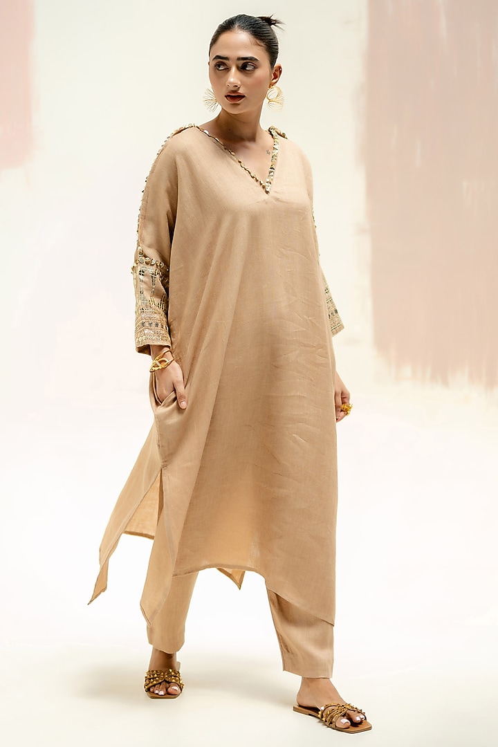 Camel Color Pure Linen Hand Embroidered Kurta Set by Prahnaaya at Pernia's Pop Up Shop