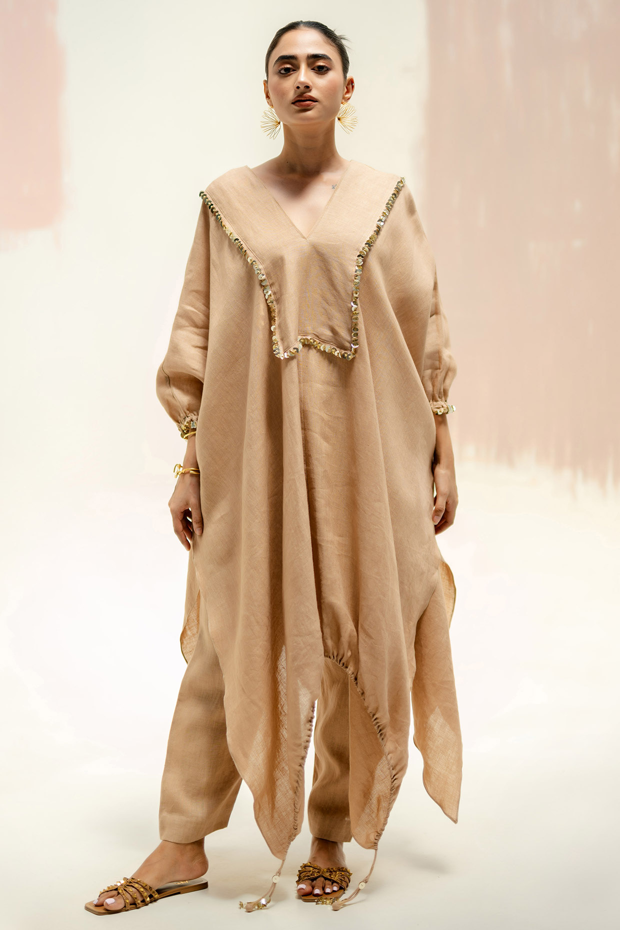 Camel Color Pure Linen Hand Embroidered Kaftan Set by Prahnaaya at Pernia's Pop Up Shop