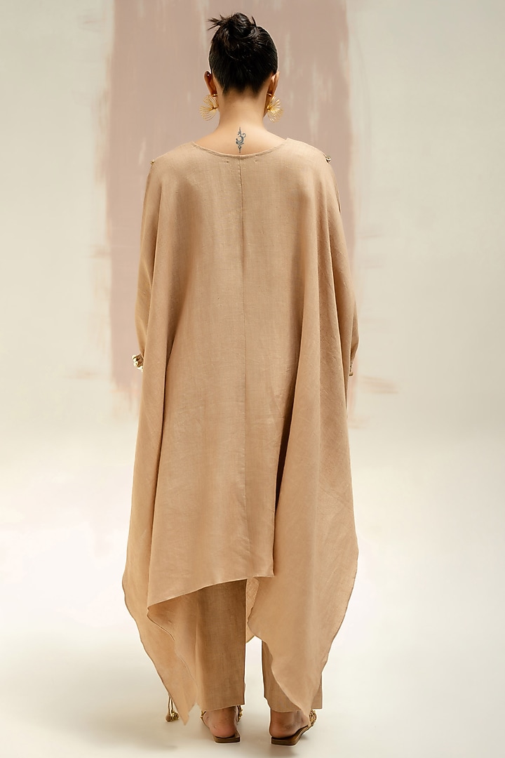 Camel Color Pure Linen Hand Embroidered Kaftan Set by Prahnaaya at Pernia's Pop Up Shop