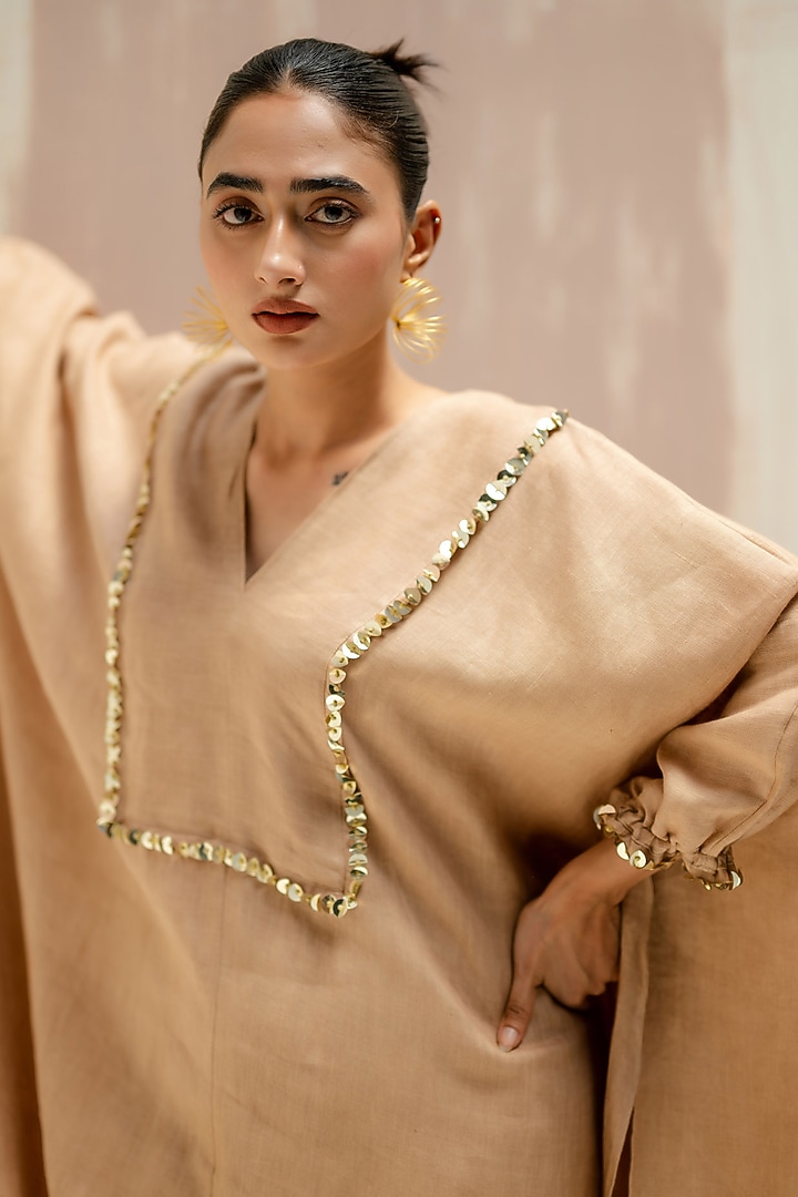 Camel Color Pure Linen Hand Embroidered Kaftan Set by Prahnaaya at Pernia's Pop Up Shop