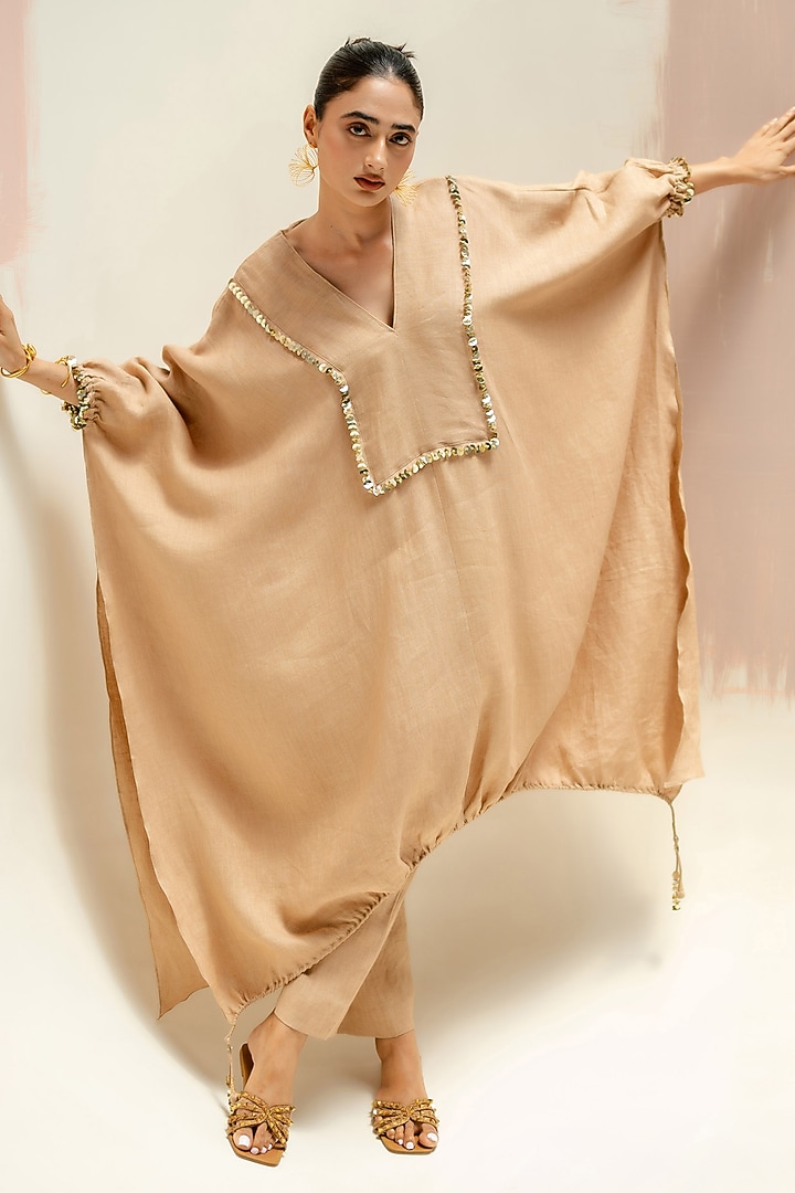 Camel Color Pure Linen Hand Embroidered Kaftan Set by Prahnaaya at Pernia's Pop Up Shop