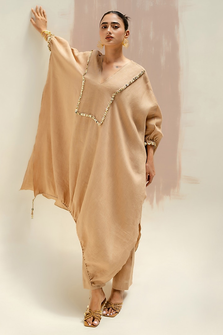 Camel Color Pure Linen Hand Embroidered Kaftan Set by Prahnaaya at Pernia's Pop Up Shop
