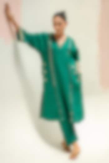 Emerald Green Pure Linen Hand Embroidered Choga Kurta Set by Prahnaaya at Pernia's Pop Up Shop