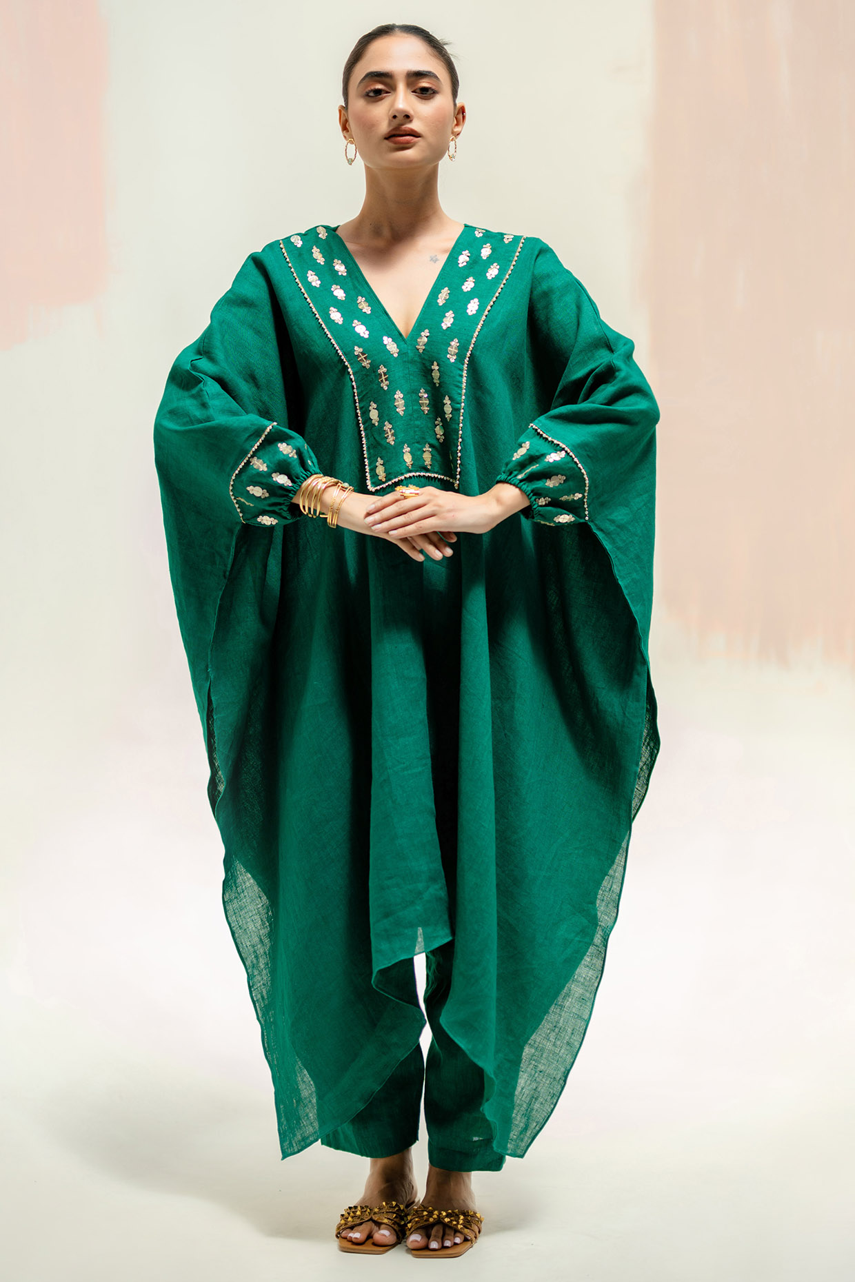 Green Pure Linen Hand Embroidered Kaftan Set by Prahnaaya at Pernia's Pop Up Shop