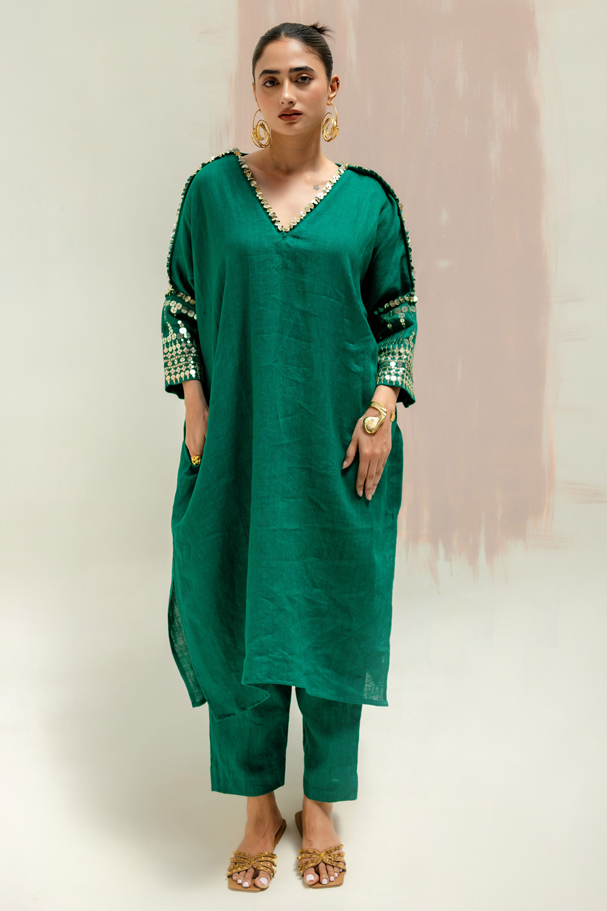 Green Pure Linen Hand Embroidered Kurta Set by Prahnaaya at Pernia's Pop Up Shop