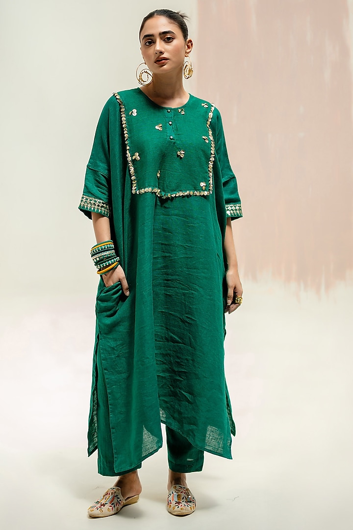 Green Pure Linen Hand Embroidered Kaftan Set by Prahnaaya at Pernia's Pop Up Shop
