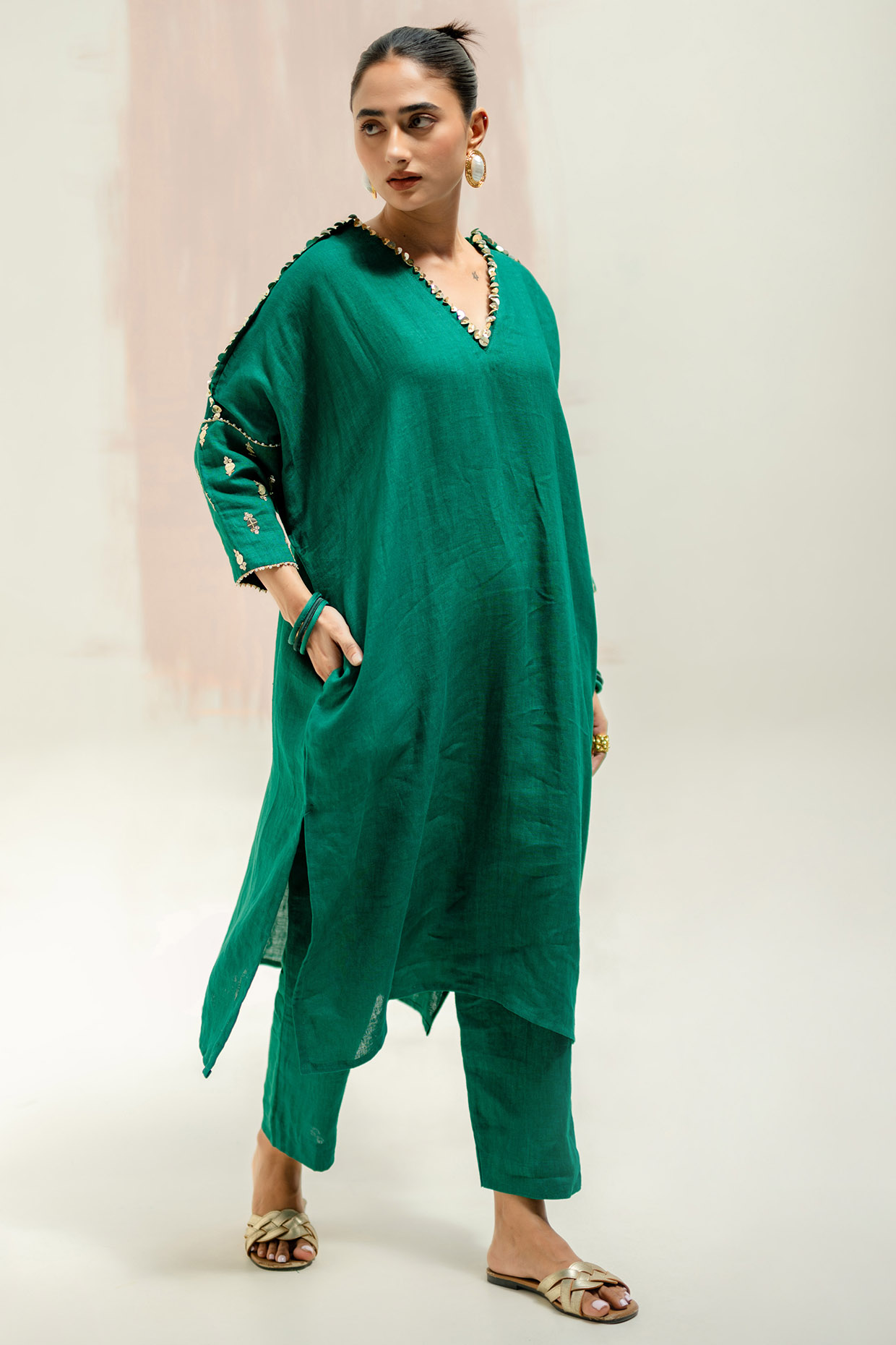 Green Pure Linen Hand Embroidered Kurta Set by Prahnaaya at Pernia's Pop Up Shop