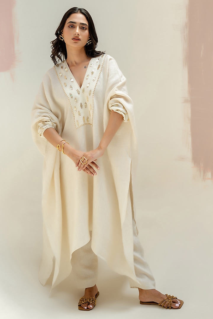 White Pure Linen Hand Embroidered Kaftan Set by Prahnaaya at Pernia's Pop Up Shop