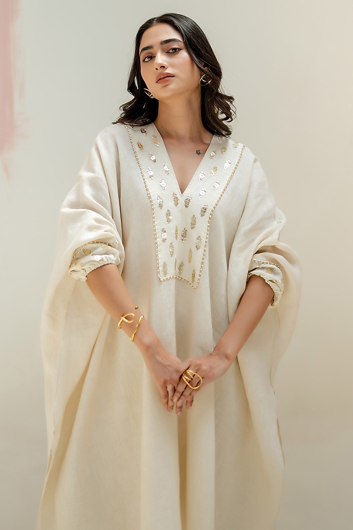 White Pure Linen Hand Embroidered Kaftan Set by Prahnaaya at Pernia's Pop Up Shop